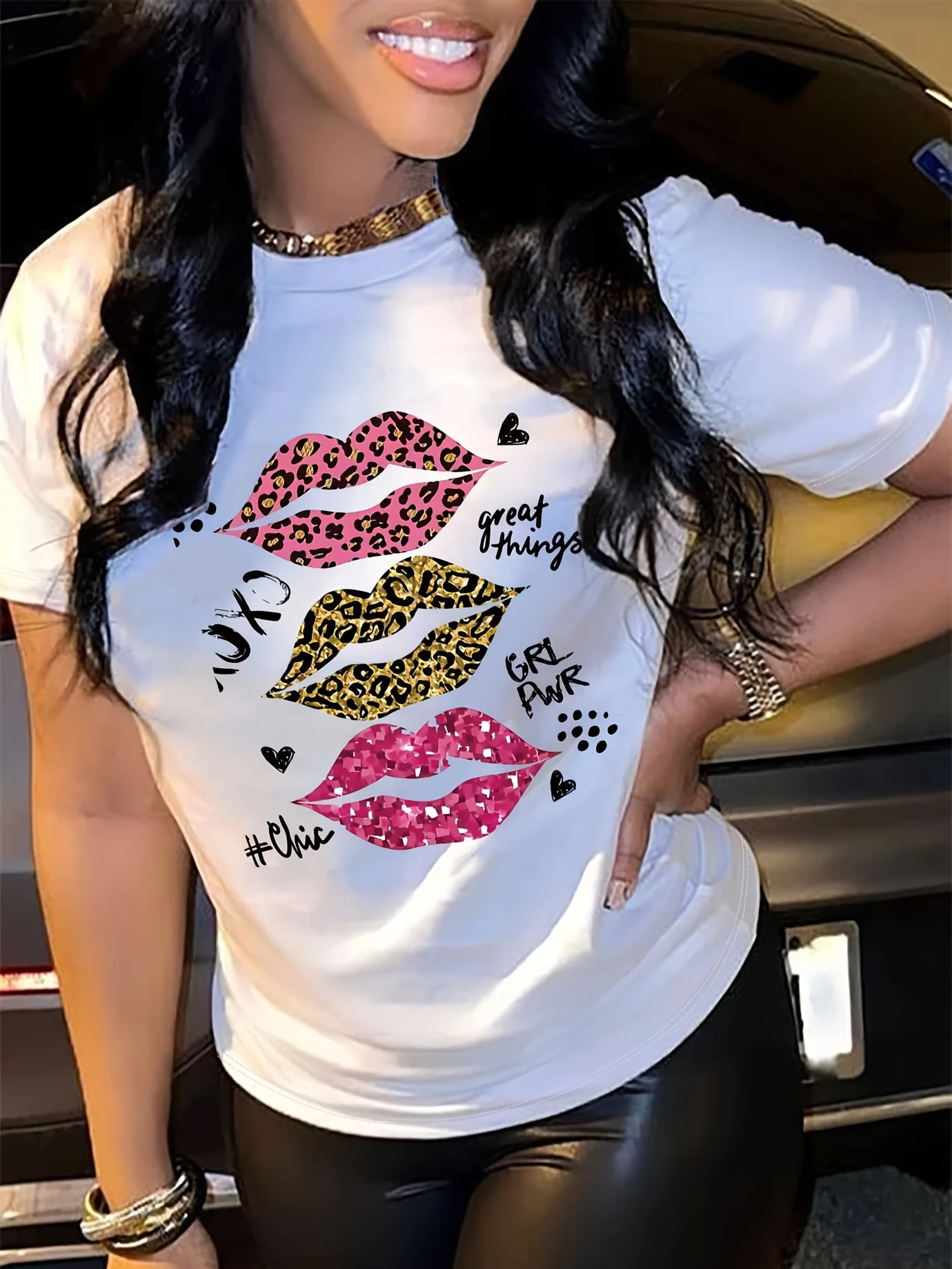 Leopard Lips Print T-shirt, Casual Short Sleeve Crew Neck Summer Top, Women's Clothing