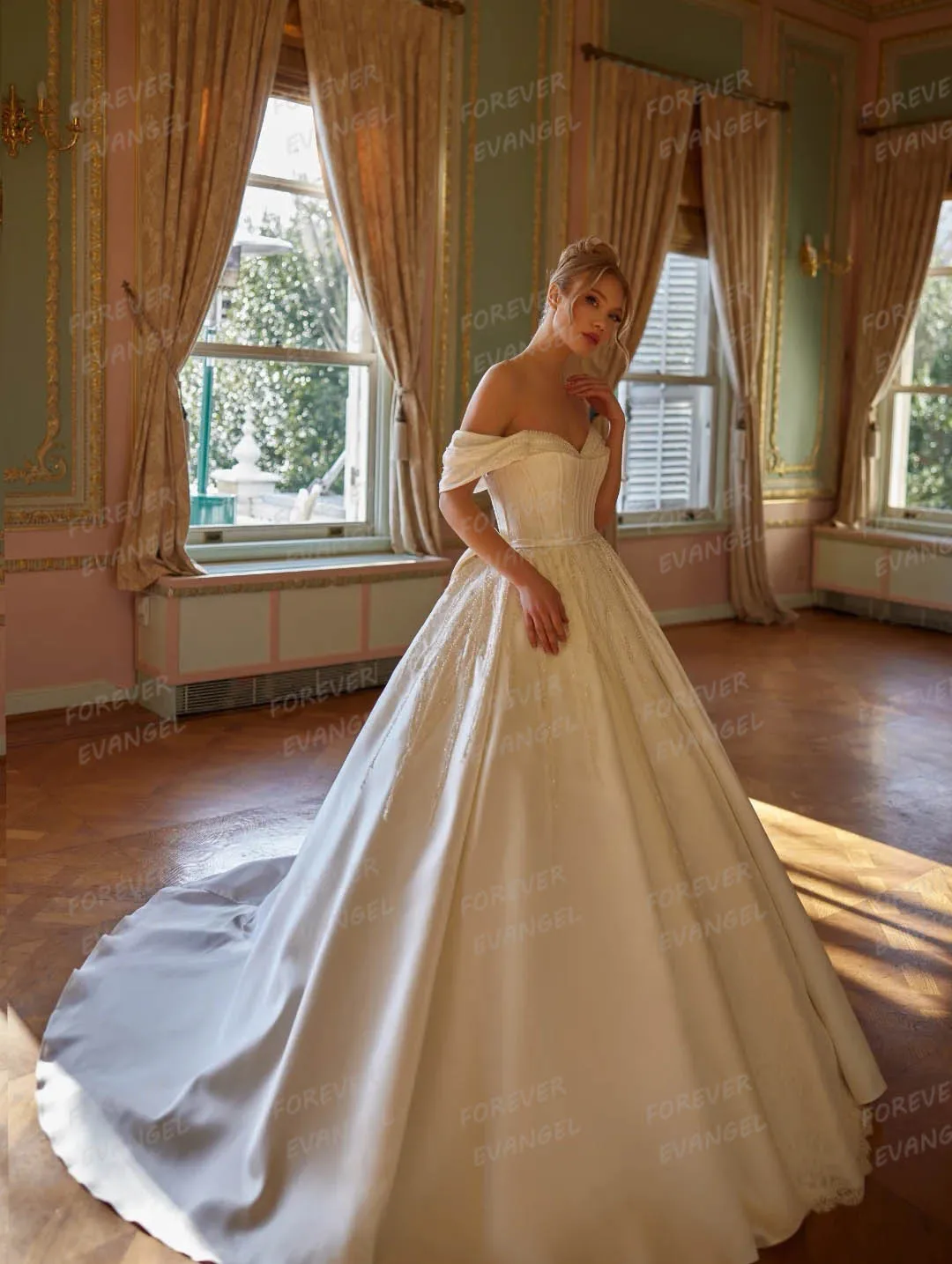 فساتين زفاف فاخرة لامعة للنساء على شكل حرف A بدون أكتاف بدون أكمام من الساتان فساتين العروس مطرزة حسب الطلب 2026