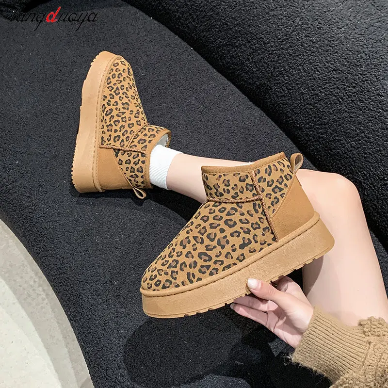 Leopard Print Suede Snow Boots Woman Platform Ankle Boots Winter New Thickened plush Warm Cotton Shoes Women  Short-Tube Boots