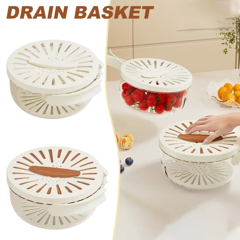 

Fruit Drain Basket with Lid, Vegetable Washing Bowl, Foldable Handle, Cleaning Colander, Plastic Refrigerator Crisper, Kitchen B
