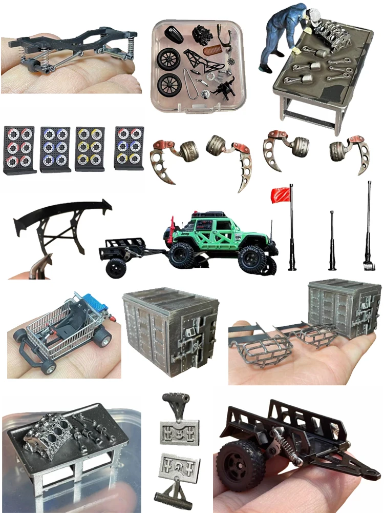 1:64 Engine Off-road Trailer Antenna Rear Wing Mechanical Leg ，Car Tire Lock Model, Repair Workbench Table, Garage Scene Model
