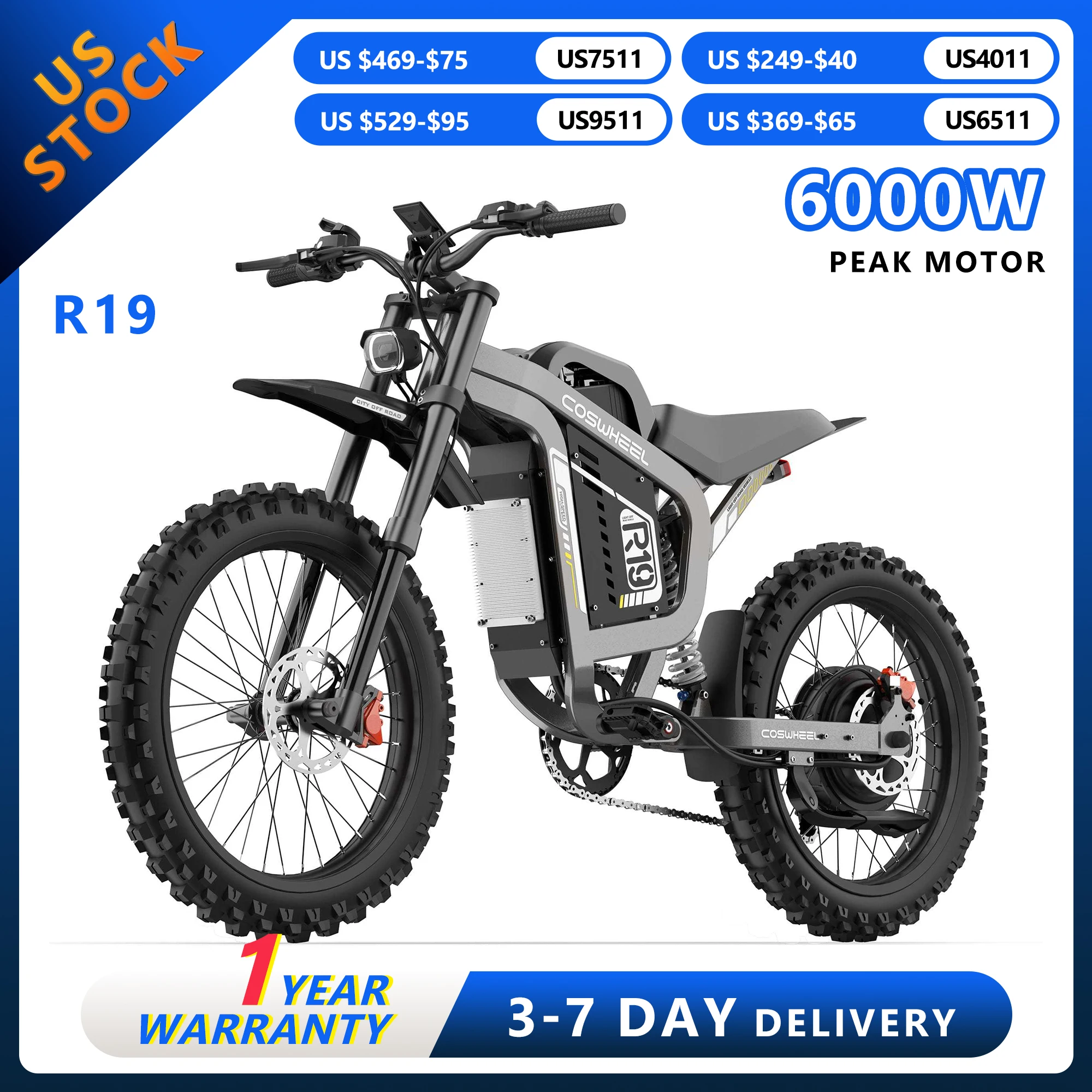 

Coswheel R19 Electric Bike Motorcycles 6000W Dirt E Mountain Bike 72V 40AH Battery Lightweight Off-Road EBike For Adult