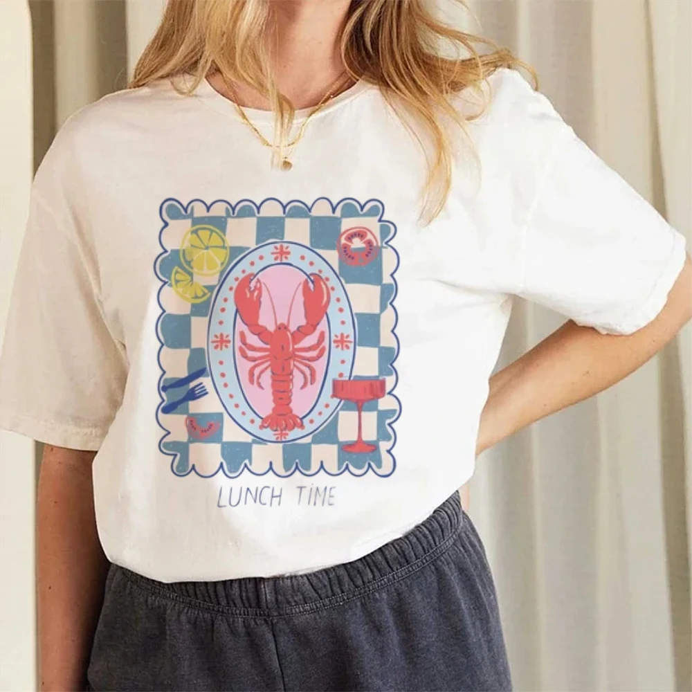 Lunch Time Lobster Print Women T-Shirt Fashion Basic Casual Graphic Top Short Sleeved Shirt Cute Cartoon Pattern Female Y2K Top
