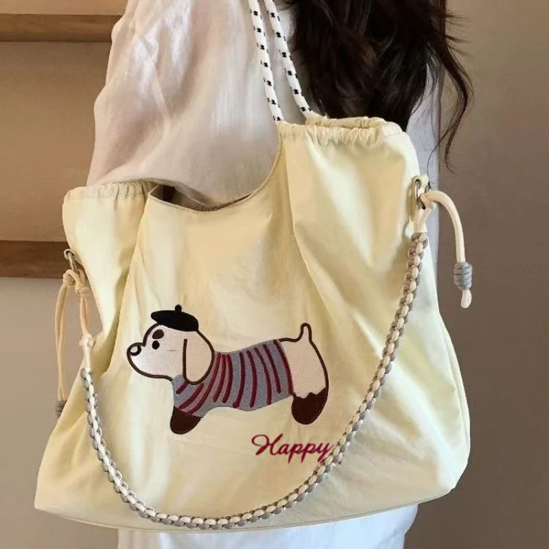 

Cute Yellow Canvas Tote Bag for Women with Embroidered Dog, Large Capacity Zipper Handbag, Shoulder & Crossbody Travel Bag
