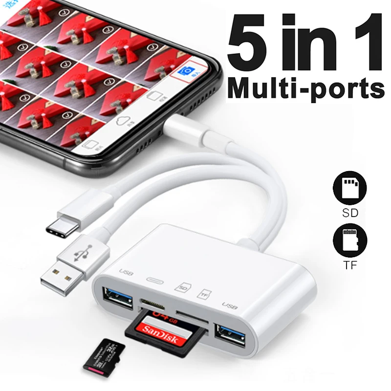 

5 в 1 USB OTG адаптер для SD TF кардридера с зарядным портом для iPhone iPad Xiaomi Samsung Huawei MacBook Аксессуары