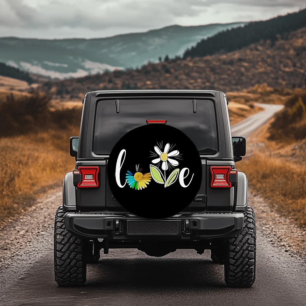 Colorful Daisy Love Pattern Tire Cover, 30/34 Inch Multi-Functional Car Tire Protector, Suitable For Jeep, Trailer, RV, Off-Road