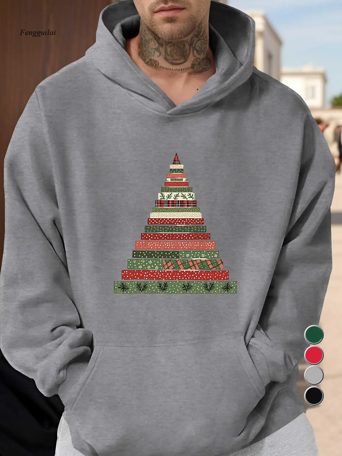 Layered Ribbon Christmas Tree Hooded Sweatshirt - Red & Green Holiday Pullover with Poinsettia & Golden Accent