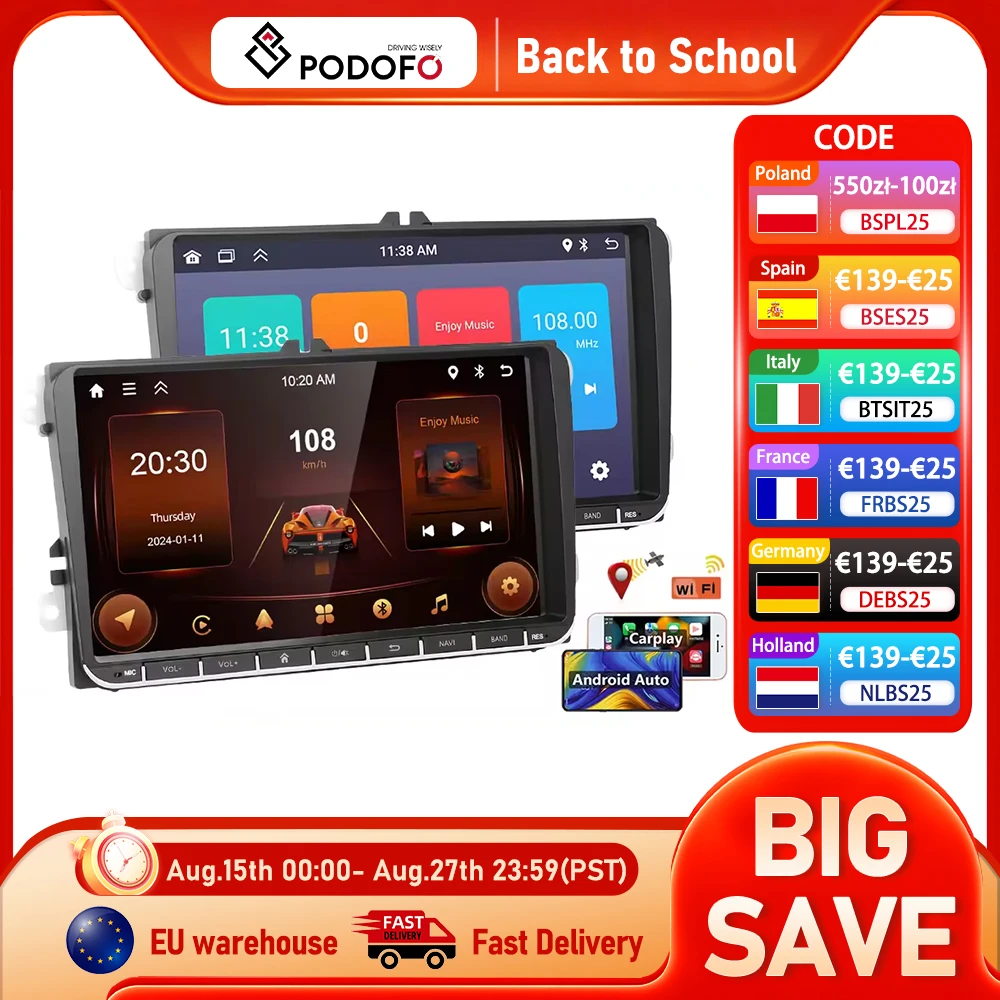 Podofo 9 2Din Carplay Car Stereo Android Auto WIFI Touch Screen Car Audio Lettore multimediale per VW Passat Golf MK5 MK6 Jetta