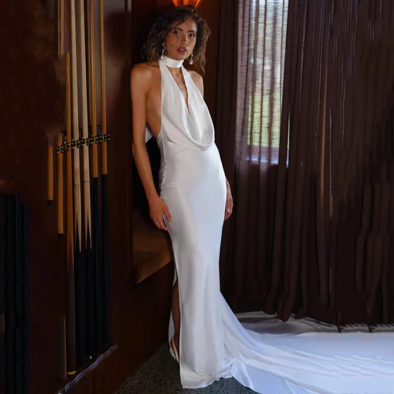 

Simple Mermaid Satin Wedding Dresses Halter Neck Sleeveless Pleat Ivory Bride Dresses Sexy Backless Floor-Length Customized 2026