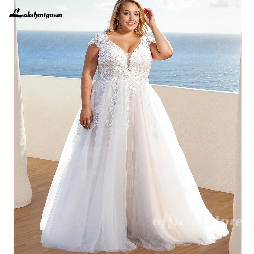 Lakshmigown 플러스 사이즈 A 라인 얇은 명주 그물 웨딩 드레스, 레이스 V-넥 민소매 스윕 트레인 신부 가운, 맞춤형 hochzeitskleid