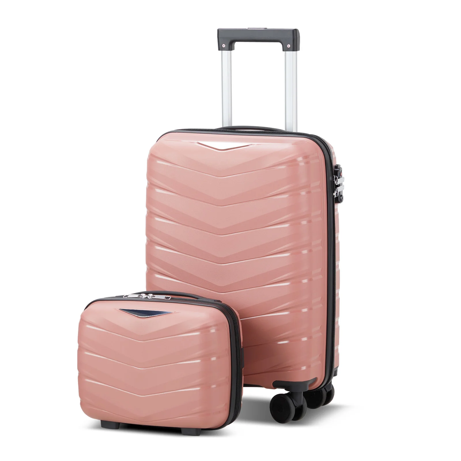 V-shaped stripe 2-piece set with PP handbag PP trolley case 14in 20in PP iron trolley fashionable color - rose gold