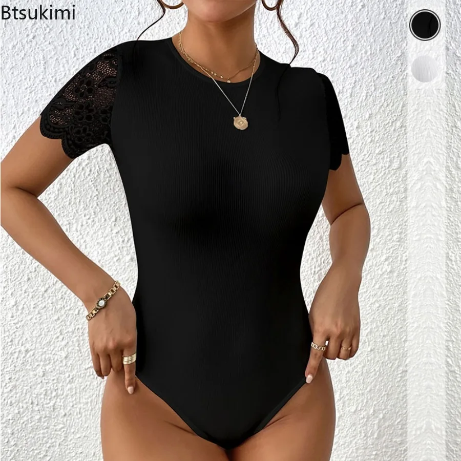 Summer Women Jumpsuit Fashion Lace Splice Design One-piece Short Sleeve Playsuit Women Clothing Solid Bodycon Sexy Rompers Femme