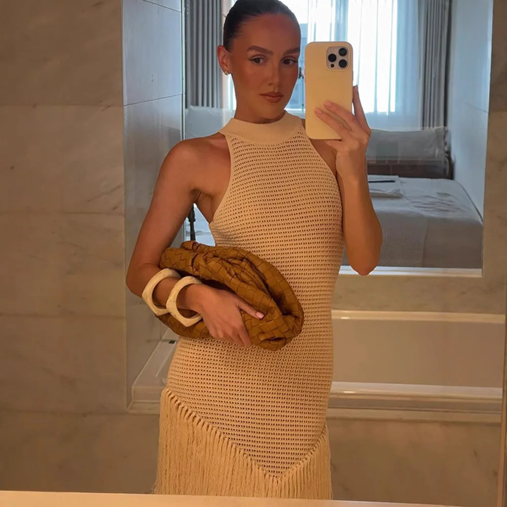 Vestido maxi de malha vazada com borla em camadas, moda feminina, gola redonda, sem mangas, bodycon, férias, praia, vestido longo de alta elasticidade