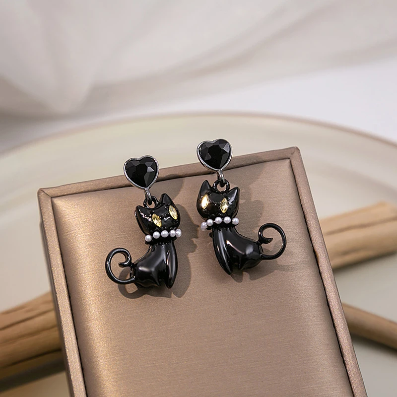 925 Silver Post Black Kitten Crystal Studs - Luxury Pearl Cartoon Earrings Trendy Unique Black Cat Jewelry for Women