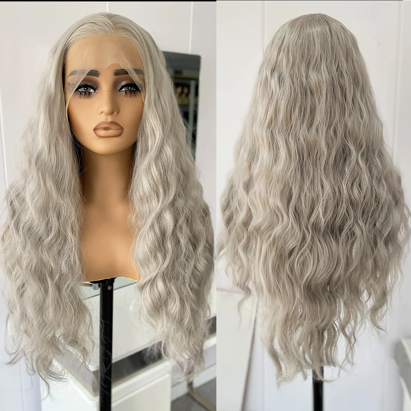 Wig Renda Pirang Abu Wig Depan Renda Sintetis Gelombang Dalam Panjang untuk Wanita 13X4 Garis Rambut Alami Tanpa Lem Penggunaan Sehari-hari Pesta Cosplay