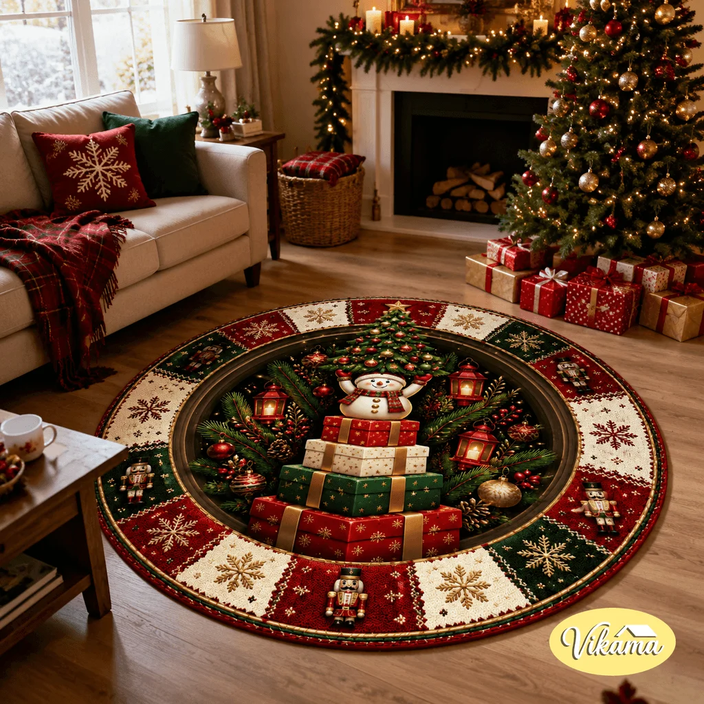 VIKAMA Christmas Decor Round Mat 3D Visual Flat Pattern Printed Bedroom/Living Room Sofa Coffee Table Flannel Rug Easy to Clean