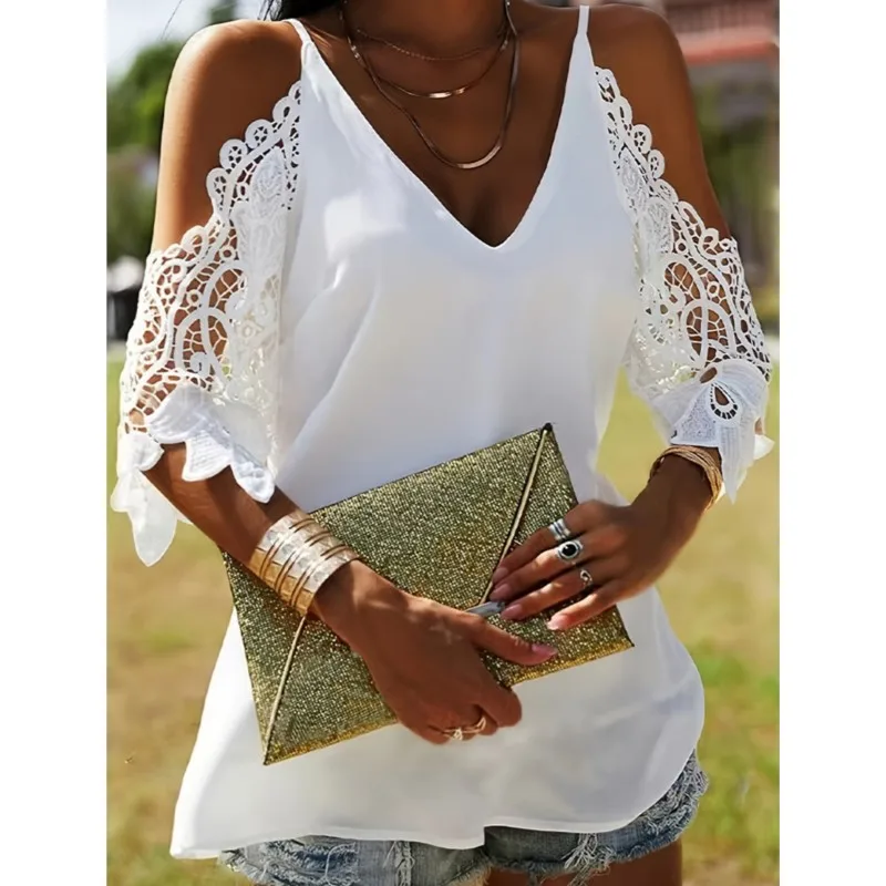 

2025 Summer Sexy Off Shoulder Lace Shirt V neck Stitching Strapless Hollow Out Sexy Outer Blouse White Shirt Spaghetti Top Femme