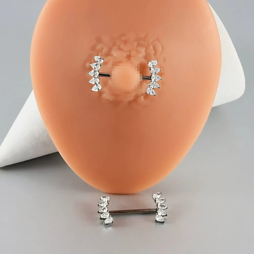 2PCS Heart Nipple Piercing Titanium CZ Crystal Sexy Leaf Nipple Shield Ring Nails Barbell Body Pierced Jewelry Chest Decor 16G