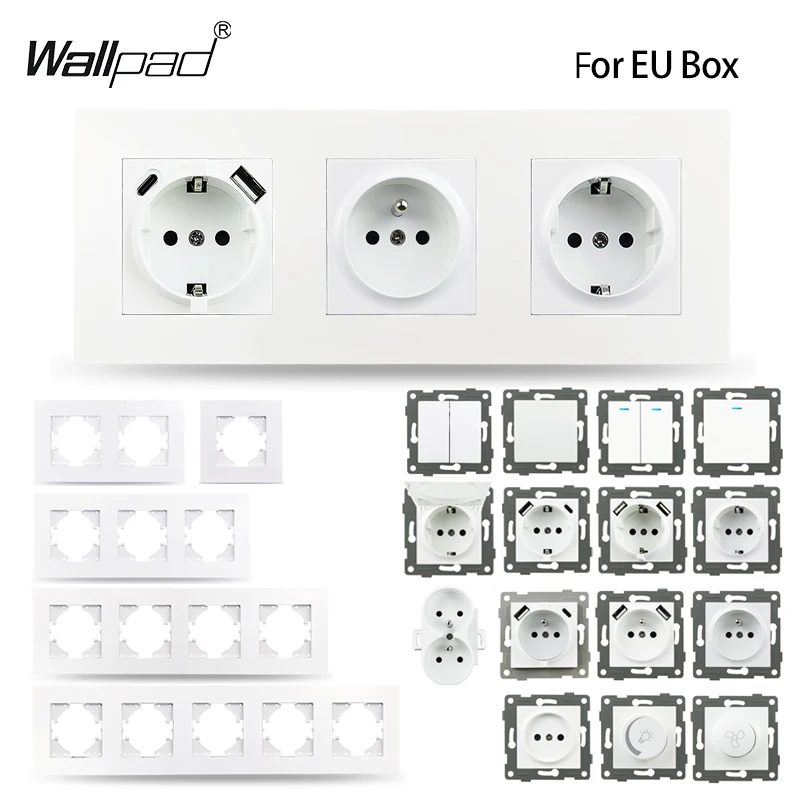

Wallpad EU French Type C Socket 1 2 Gang Switch with LED 1 2 Way On Off Light Momentary Reset Curtain Dimmer Switch PC Panel DIY