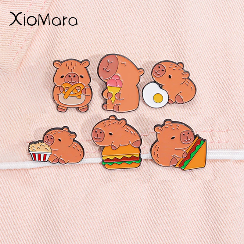 Cute Capybara Enamel Pins Cartoon Hippopotamus With Hamburger Animal Brooches Lapel Badge Jewelry Wholesale Gifts For Friends