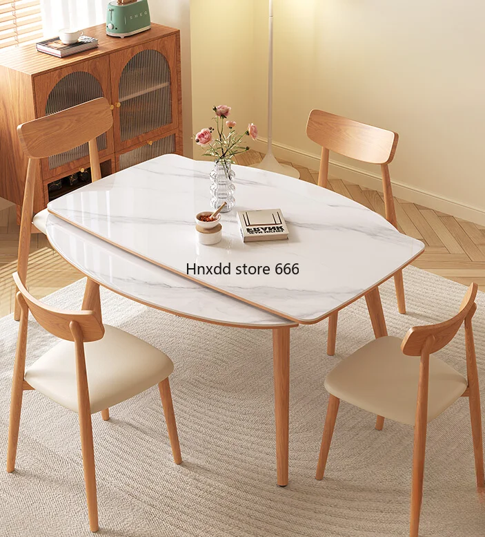 Small apartment rock slab dining table retractable folding square ash wood with induction cooker