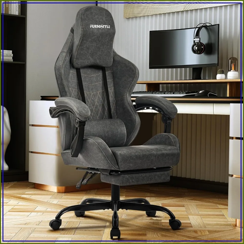 Gaming Chair for Adults, Video Game Chair Retro PU Leather Grey