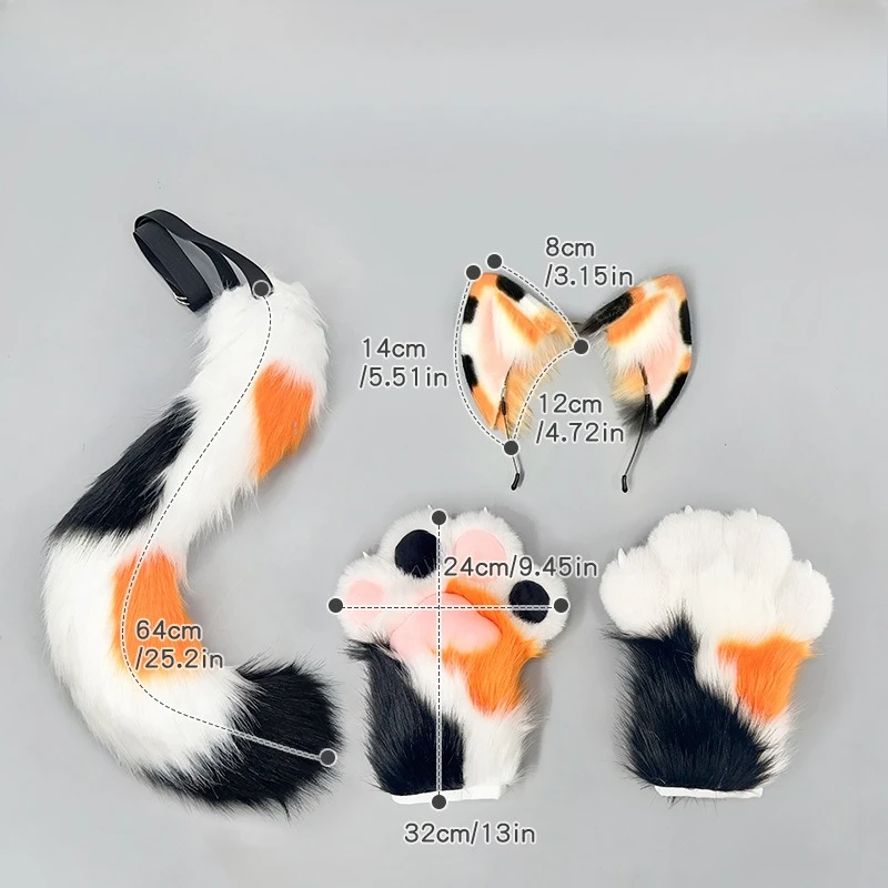 Cat Cosplay Plush Ear Headband Tail Paw Gloves Gradient Jelly Faux Furry Animal Halloween Party Role Play Costume Accessory