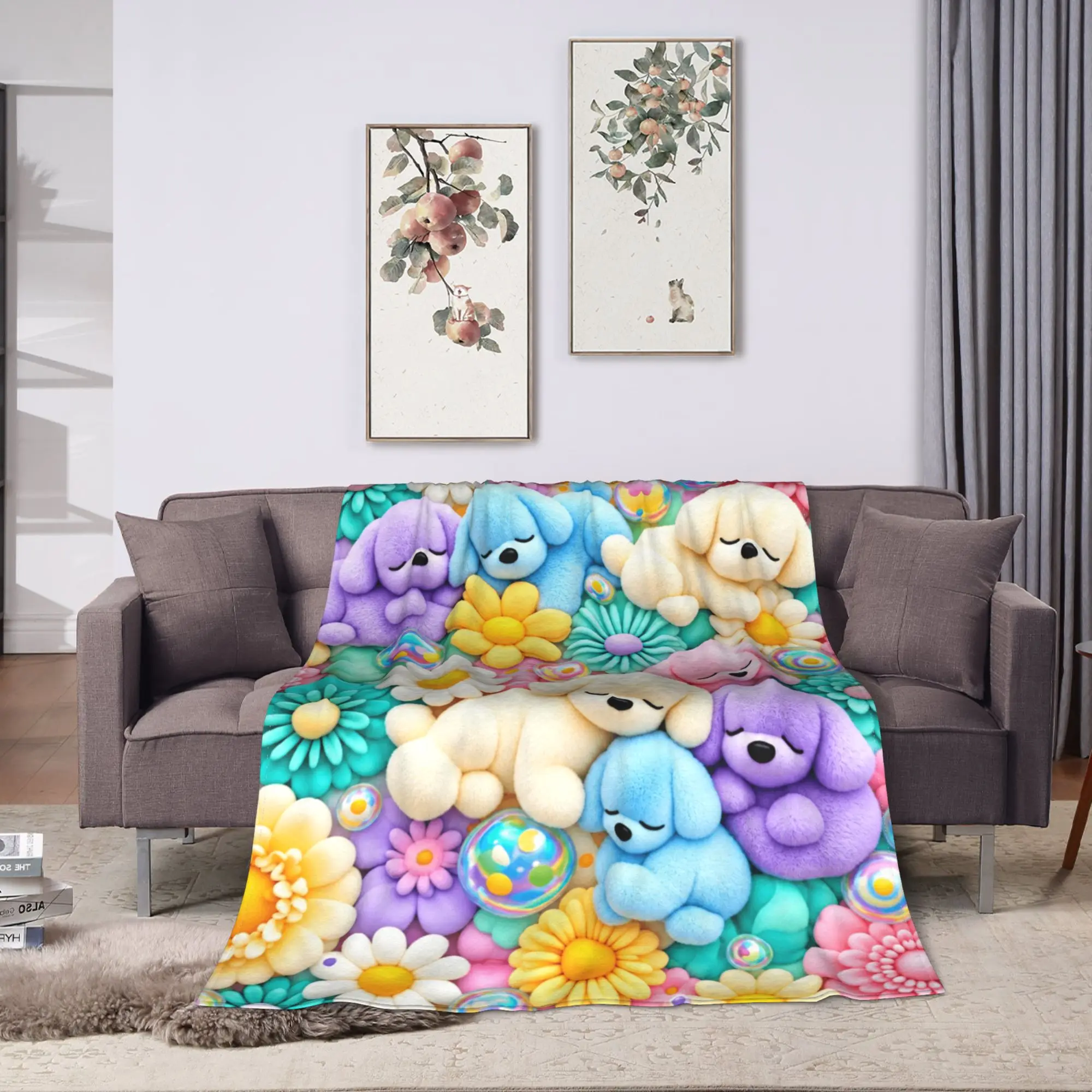 3D Sleeping Plush Puppy Bubble Flower Blanket Adults Girls  Flannel Bedding Throws For Outdoor Warm Soft Quality Bedspread Gift