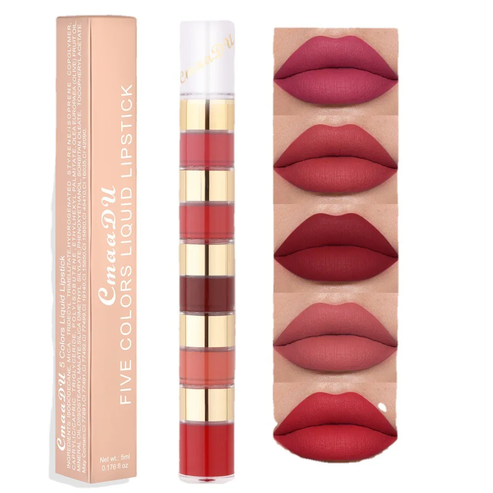 CmaaDu 5 Color Matte Lipstick Waterproof Moisturize Popular Color Non Stick Cup Liquid Lipstick Hot Sales Fashion Lip Gloss 5ml