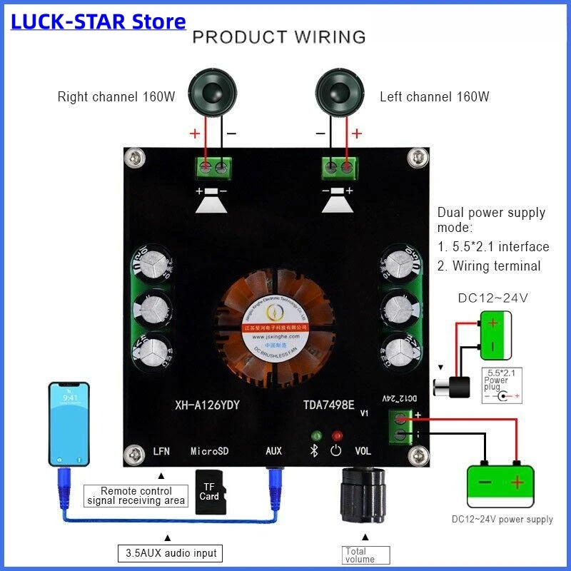 160W*2  High Power Amplifier Board Bluetooth 5.0 Digital Amp TDA7498E