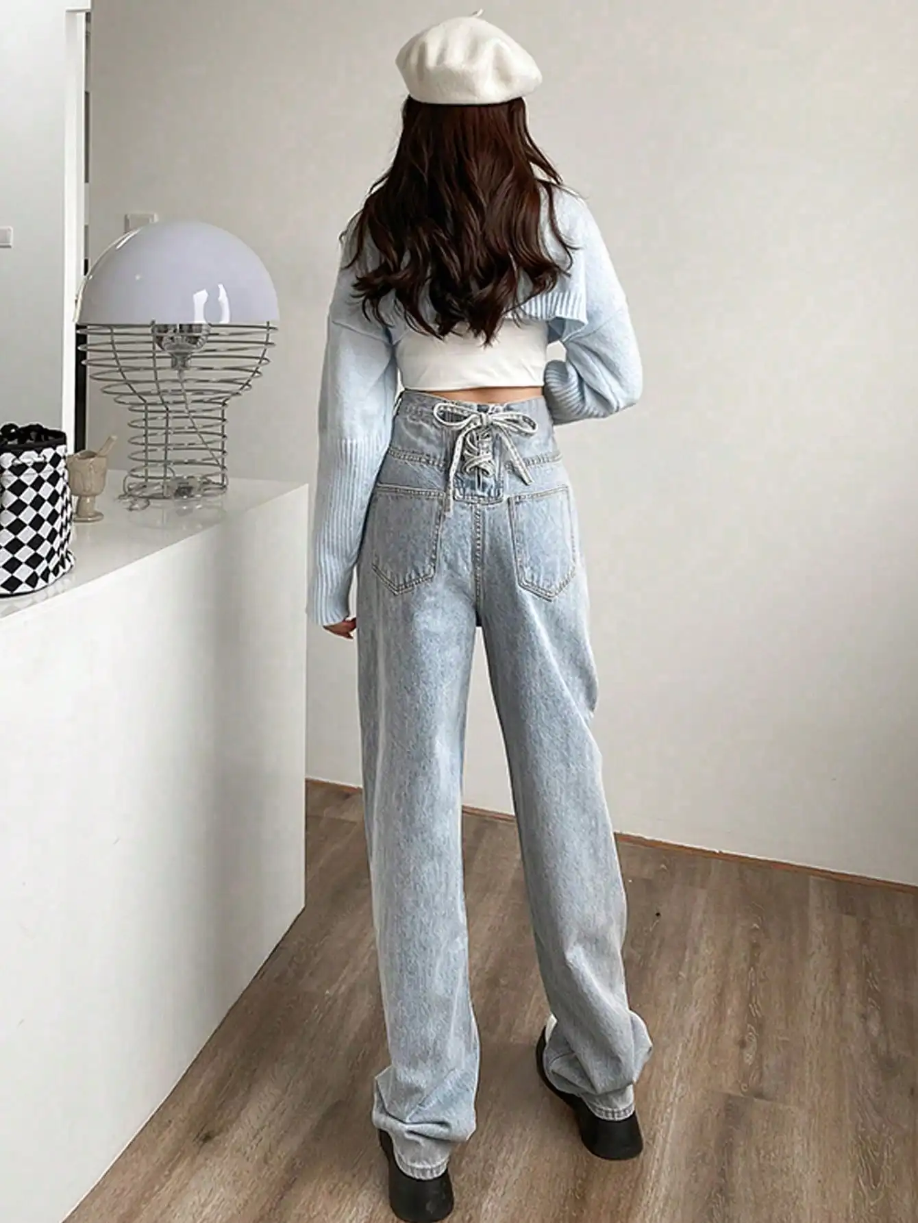 

High Waist Straight Leg Light Blue Denim Jeans with Back Strap Chinese Production Ladies Fashion Spring Collection