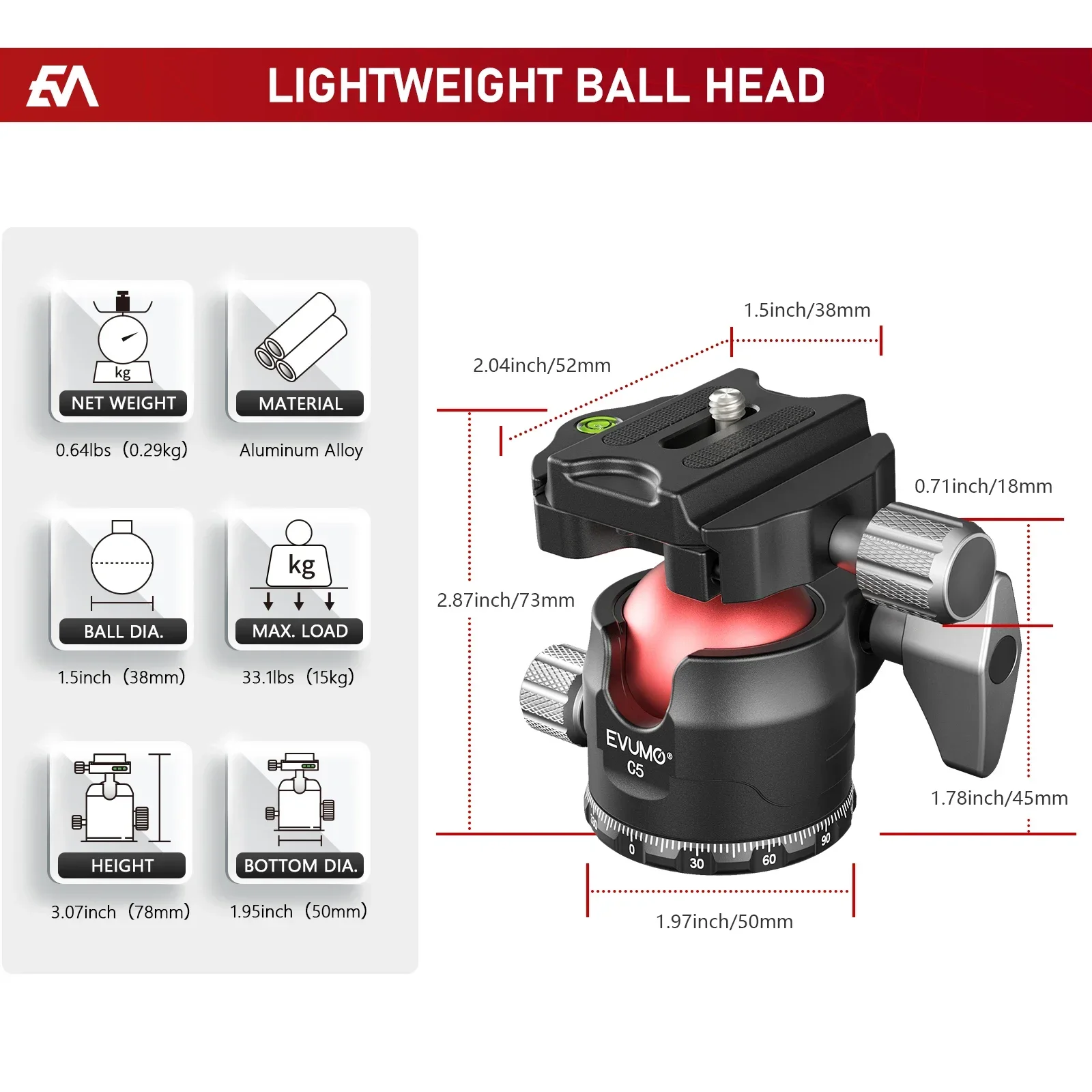 EVUMO C5 Tripod Ball Head 360° Swivel Panoramic Full CNC Low Profile Arca Swiss Plate Tripod Head for Camera Monopod Load 15kg