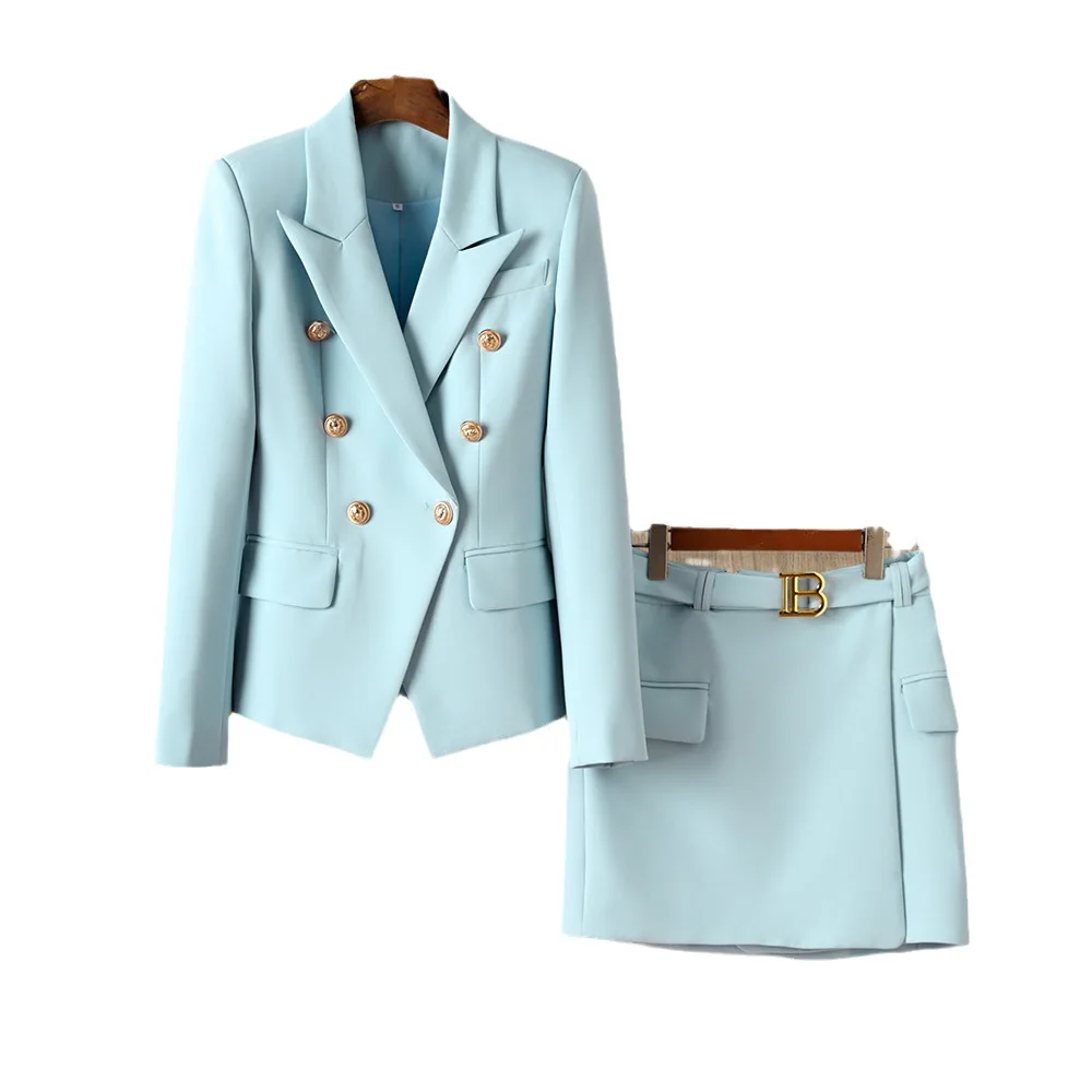 

2025 Classic metal buckle slim-fit professional socialite suit jacket +B buckle belt half skirt suit