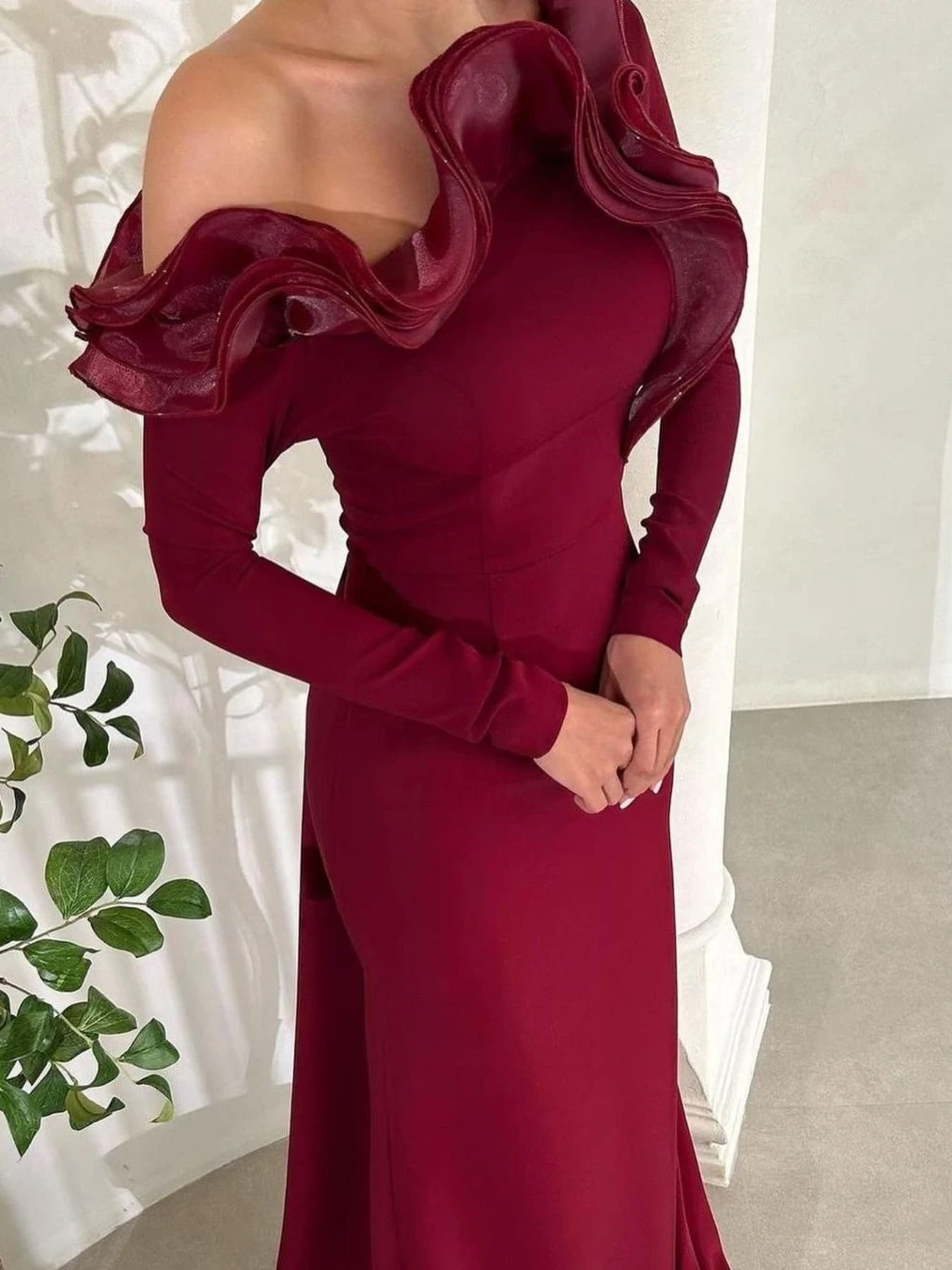 Oisslec Dress Elegant Vintage Sweet Red Mermaid Ruffle One Shoulder Customize Formal Occasion Prom Dress Evening Party Gowns