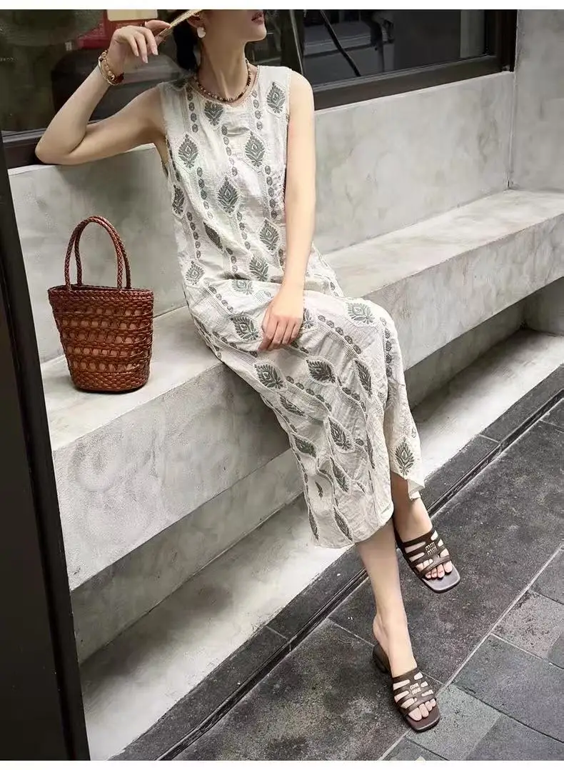 2025 Summer Women Cotton Linen Ethnic Style Sleeveless Print Loose Long Dress Boho Beach Holiday