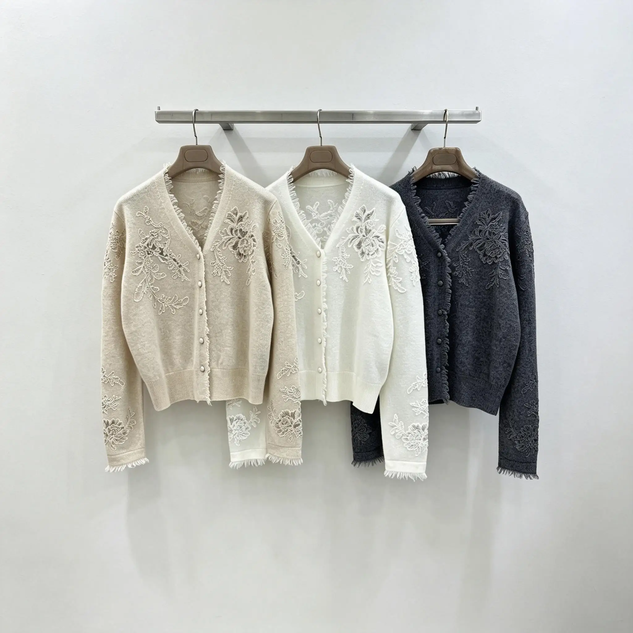 Women V‑Neck Knit Cardigan Floral Lace Embroidery Fringe Trim Button Up Elegant Sweater Outerwear