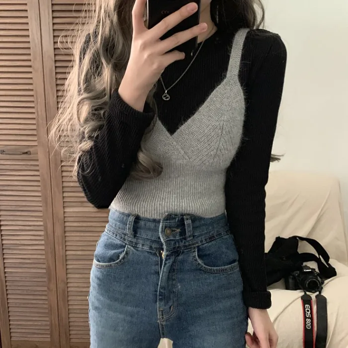 

Шикарная вязаная майка, женская модная многослойная трикотажная жилетка с высоким воротником, жилет в стиле ретро, чистый цвет