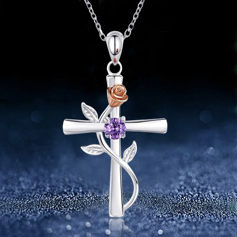 

S925 Silver Fashion Rose Flower Wrapped Cross Necklace Color Electroplated Diamond Pendant Couple Christmas Gift