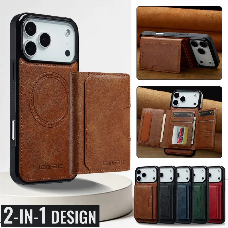

2 IN 1 Magnetic Leather Wallet Phone Case For iPhone 17E 17 Pro Max 16E 16 15 Plus 14 13 12 11 Card Holder Cover Funda Coque Bag