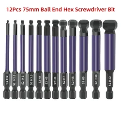 Ball End Hex Bit Set, Ball Head Screwdriver Bit, 1/4 Inch Hex Shank, Magnetic Allen Wrench Drill Bits, 75mm, 12Pcs, 13Pcs