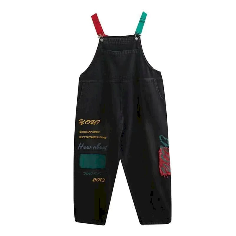 Kombinezony jeansowe z blokami kolorów, patchworkowe, jednoczęściowe stroje, damskie rampersy, luźne, w stylu koreańskim, casualowe, vintage, kombinezony damskie, odzież damska. — zdjęcie 2