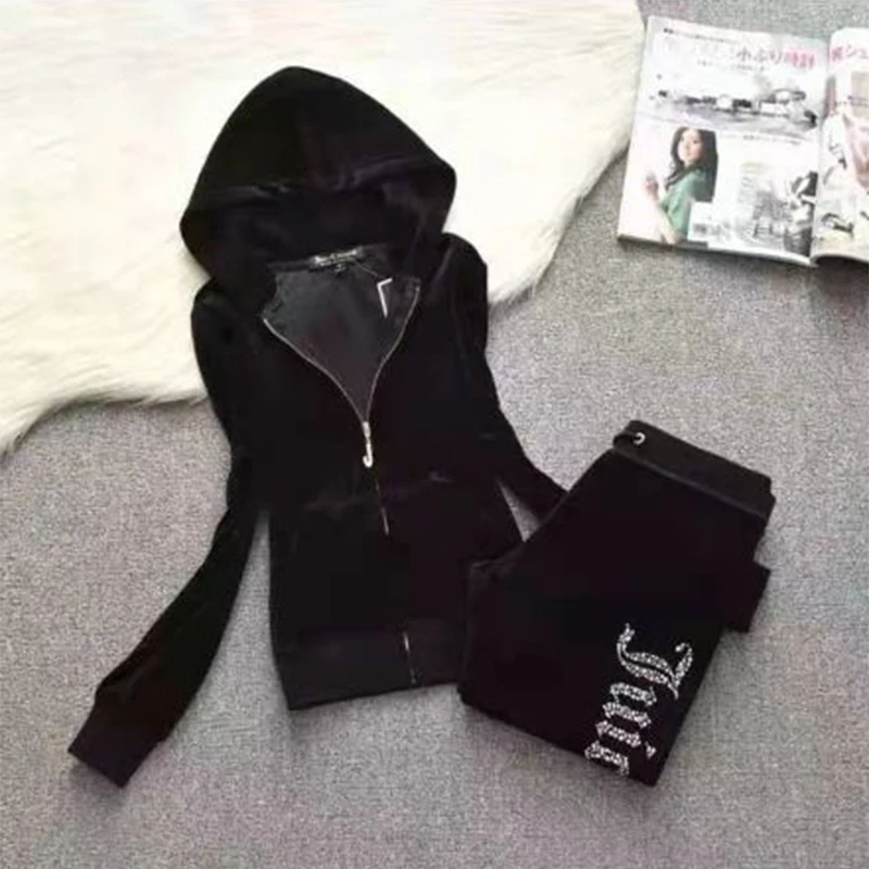 2025 Primavera/otoño conjunto de chándal de terciopelo jugoso para mujer, chándal de 2 piezas con diamantes de imitación de terciopelo, traje informal elegante para mujer