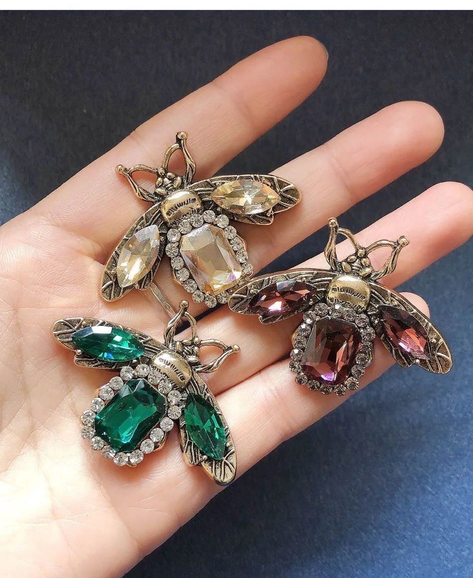 Vintage Green Crystal Bee Brooches For Women Rhinestone Insect Champagne Clothing Coat Suit Wedding Party Lapel Pins Jewelry