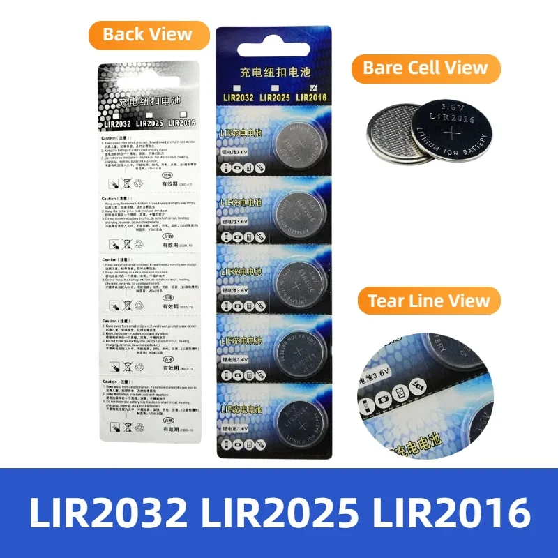 LIR2032 LIR2025 LIR2016 Rechargeable Lithium Ion Button Battery 3.6V Coin Cell Replacement For CR2032 CR2025 CR2016 Watch Remote