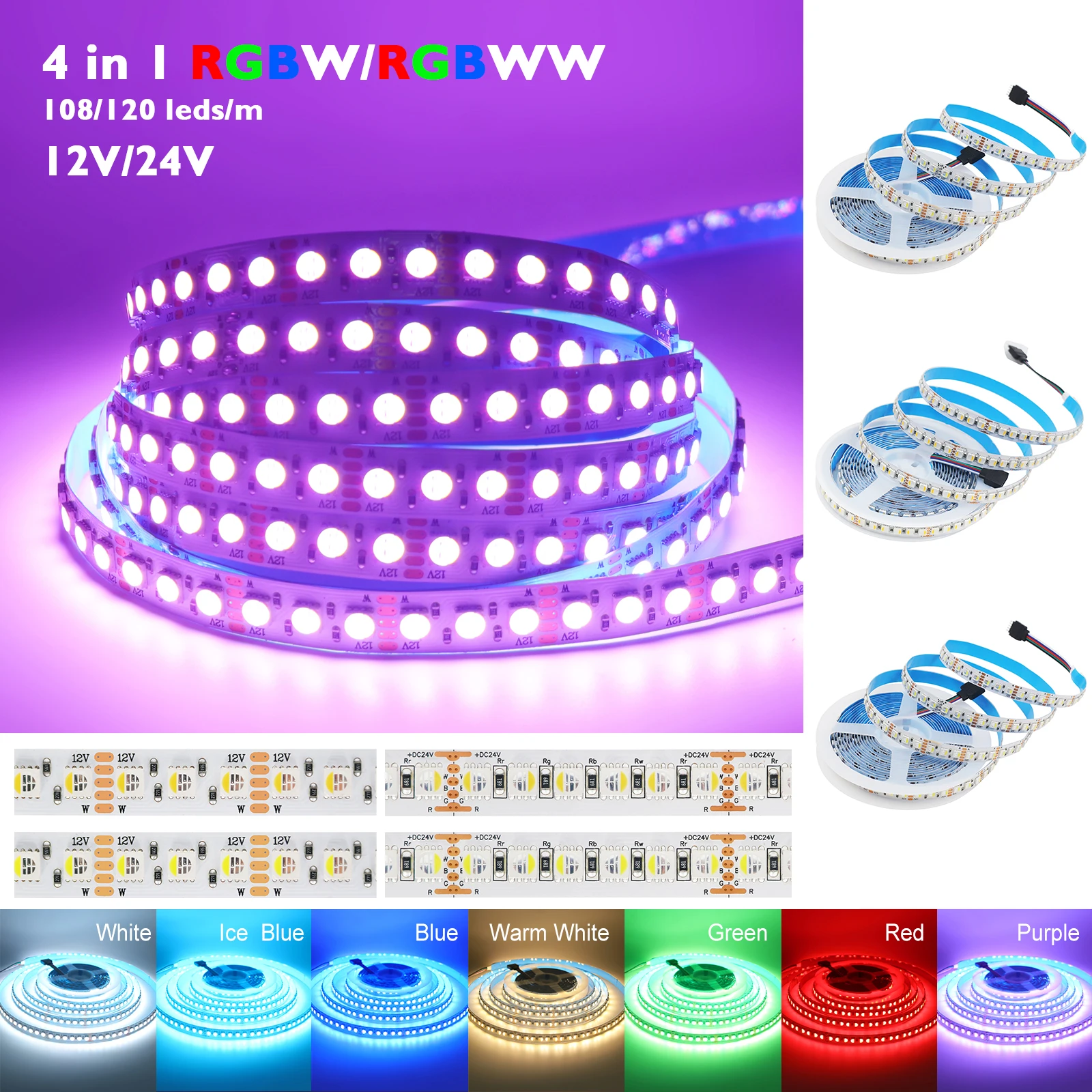 12V 24V 5M LED Strip Light RGBW RGBWW 4 Colors In 1 Chip Flexible LED Tape SMD 5050 108 120Leds/m Ribbon Rope Light Home Decor