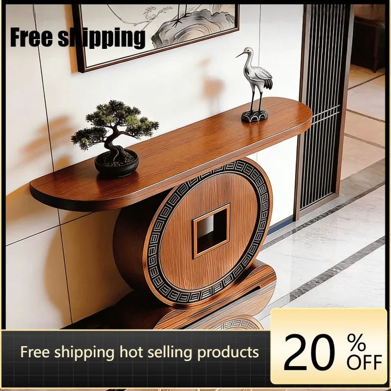 YJ New Chinese Solid Black Walnut Console Table 2026 New Coin Motif Carved Narrow Long Entryway Hallway End View Display Stand