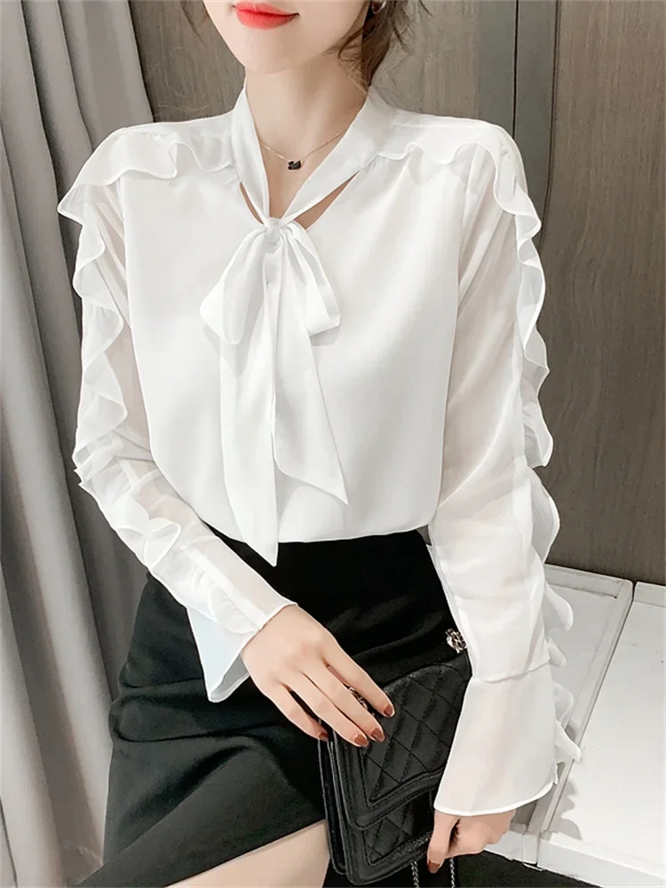 Elegant Bow Tie Chiffon Shirt Female Office Clothes Autumn Flared Sleeve Ruffled Stitching Fashion Commuter Red Blouse Top Women