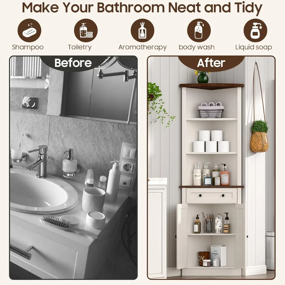 Tall Corner Bathroom Storage Cabinet with Small Drawer for Bathroom, Kitchen, Living Room, Rustic Style Cabinet, White