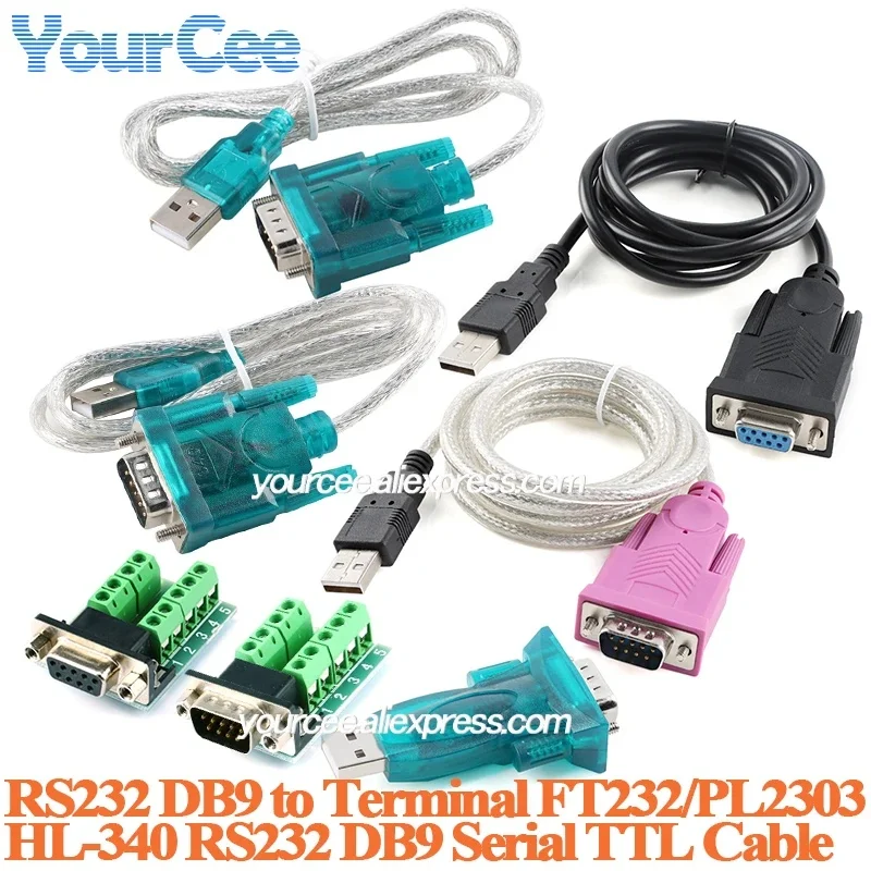 TTL connection conversion Wire USB to RS232 serial port Line Cable DB9 9pin COM port FT232 PL2303 DR9 to DIP Terminal Connector