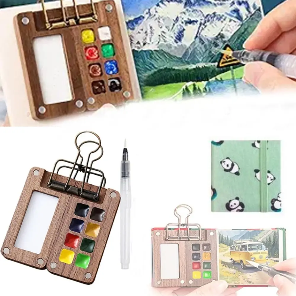 New Walnut Travel Paint Palette Set Durable 8 Gride Grid Paint Box with Clip Portable Travel Paint Tray Box Travel